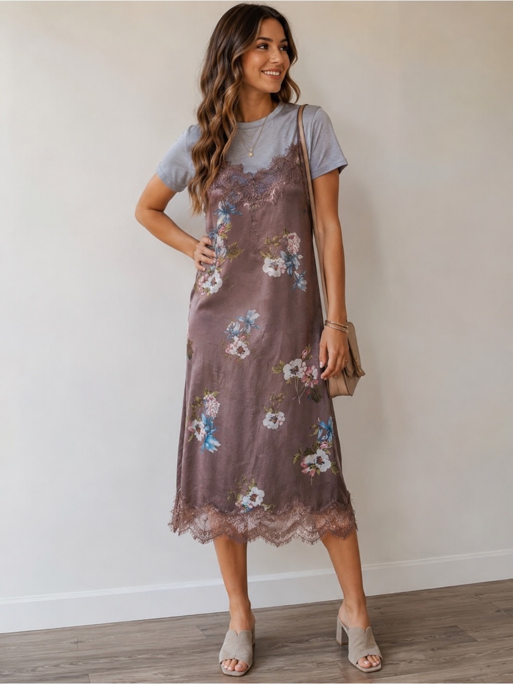 Chelsea & Violet Purple Gray Floral Print Lace T-Shirt Slip Dress Size M